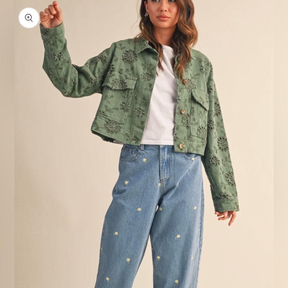 Altar'd State Olive Green Embroidered Cropped Jean Jacket - Picture 2 of 6